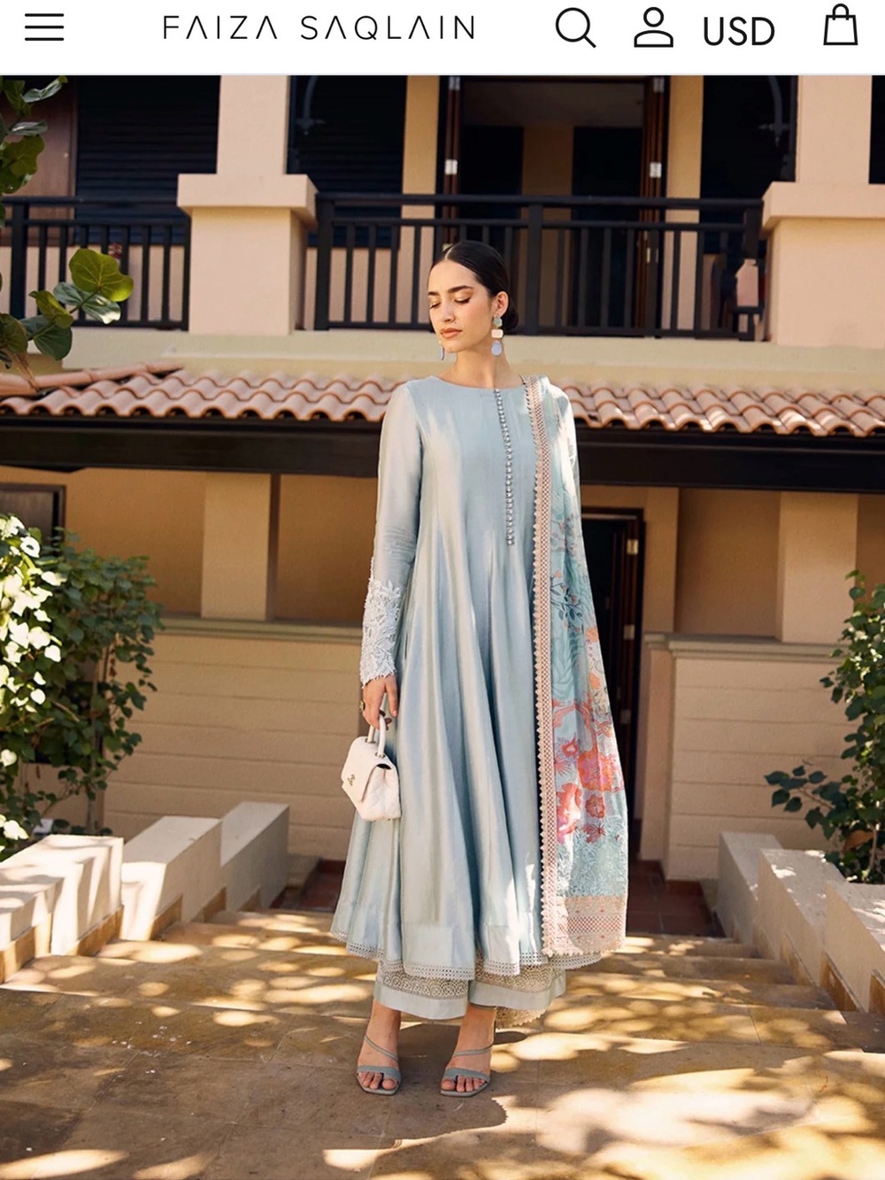 Light Blue Long Sleeve Embroidered Women's Dress with Printed Dupatta